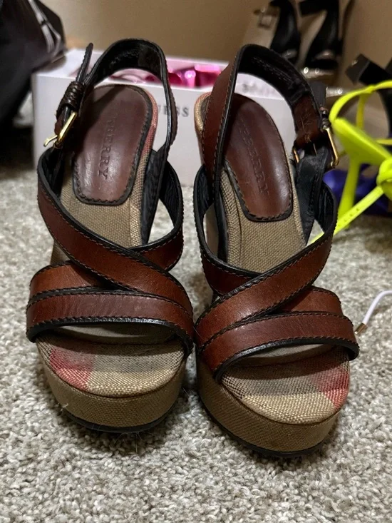 Burberry Tan, Brown and Black Canvas Slingback Wedges - Picture 6 of 7